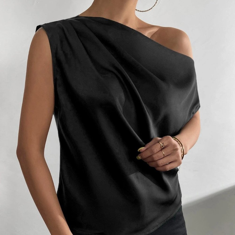 Black Boho Womens Asymmetrical Neck Ruched Shoulder Blouse - Picture 5 of 5
